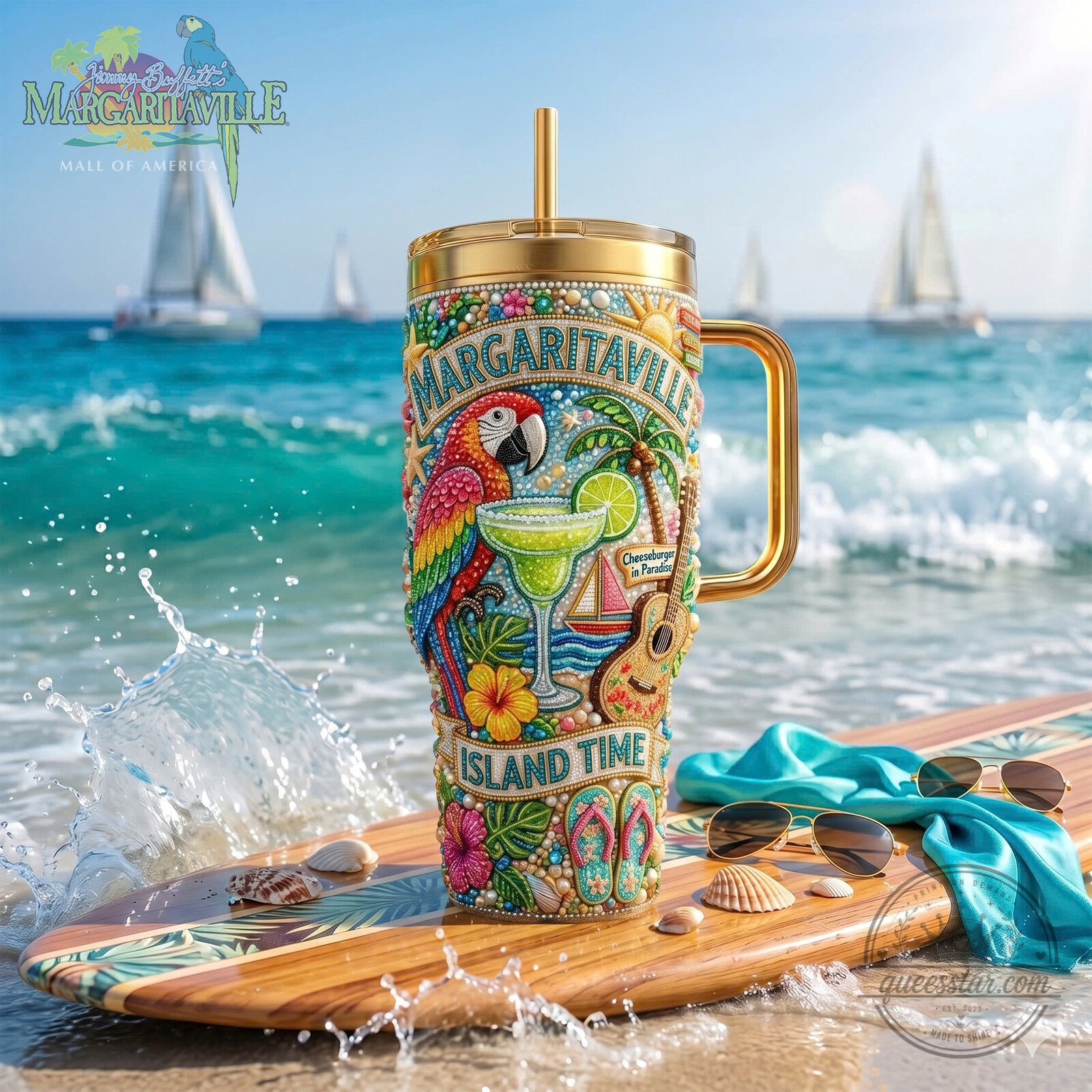 Jimmy Buffett Margaritaville Island Time Parrot Tropical Tumbler with Handle