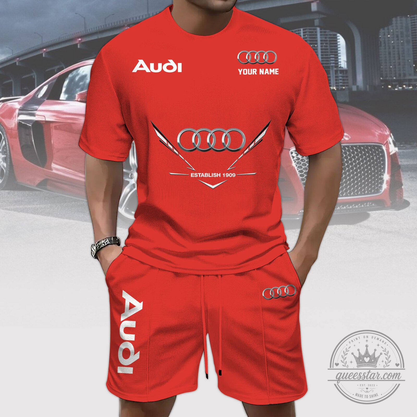 Audi Red Custom Name Logo Performance T-Shirt and Shorts Set
