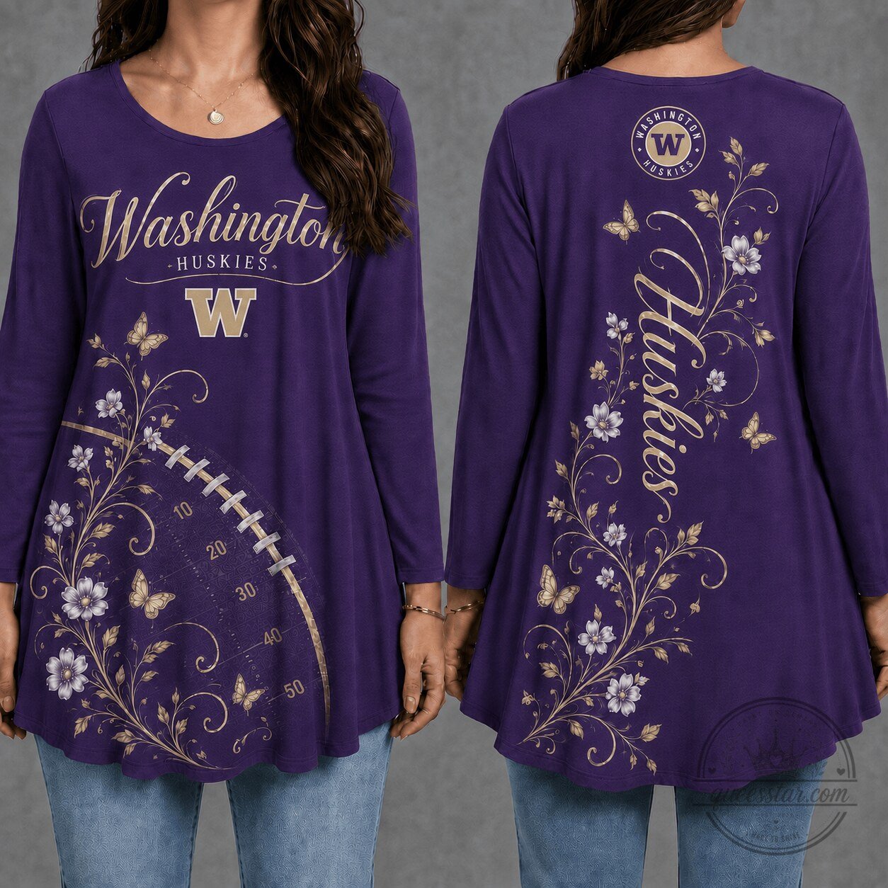 Washington Huskies Women's Floral Football Long Sleeve Tunic Top