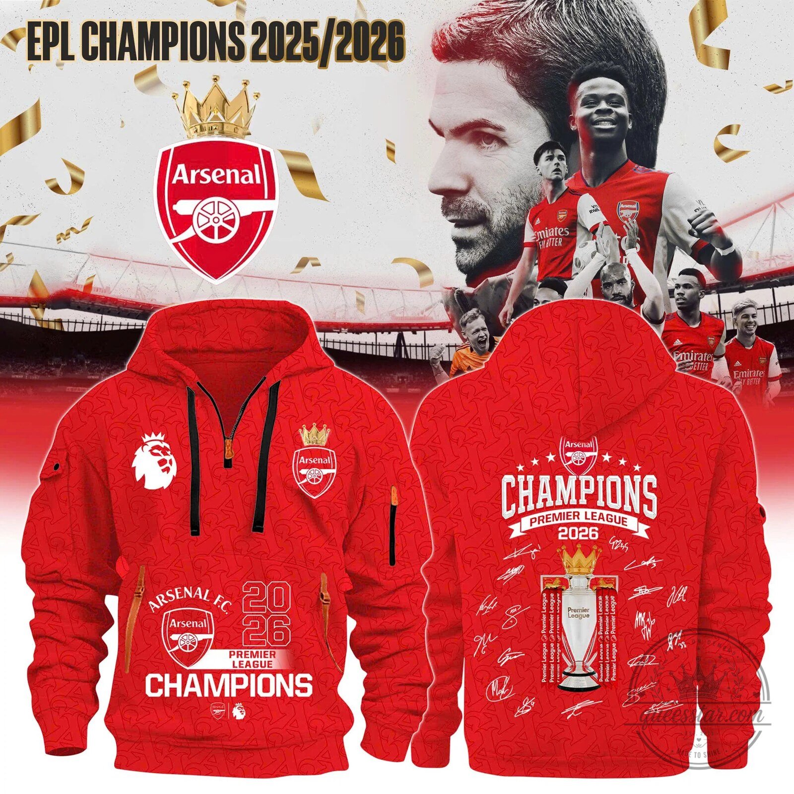 Arsenal Football Club Premier League Champions 2026 Half-Zip Hoodie