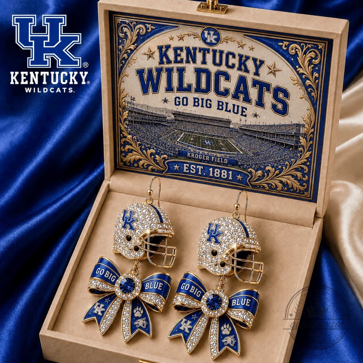 Kentucky Wildcats Football Helmet Dangle Earrings with Blue Bows