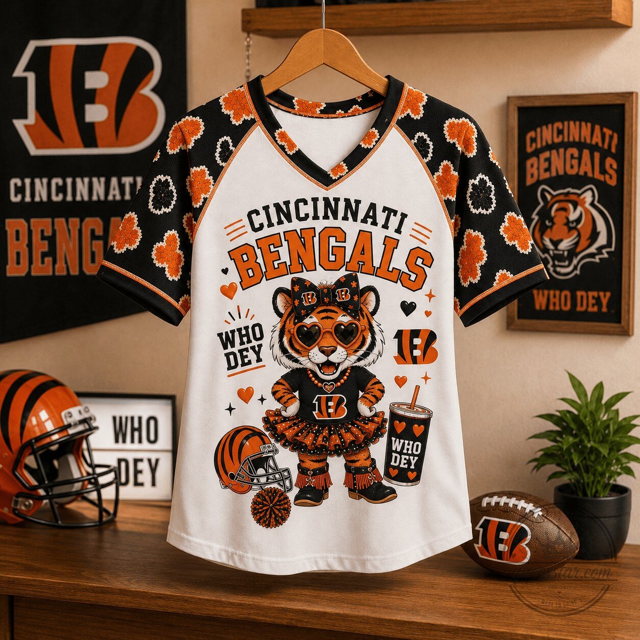 Cincinnati Bengals Adorable Mascot V-Neck Raglan T-Shirt for Women