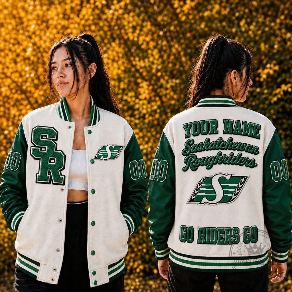 Saskatchewan Roughriders Custom Name and Number Varsity Jacket Saskatchewan Roughriders Custom Name and Number Varsity Jacket