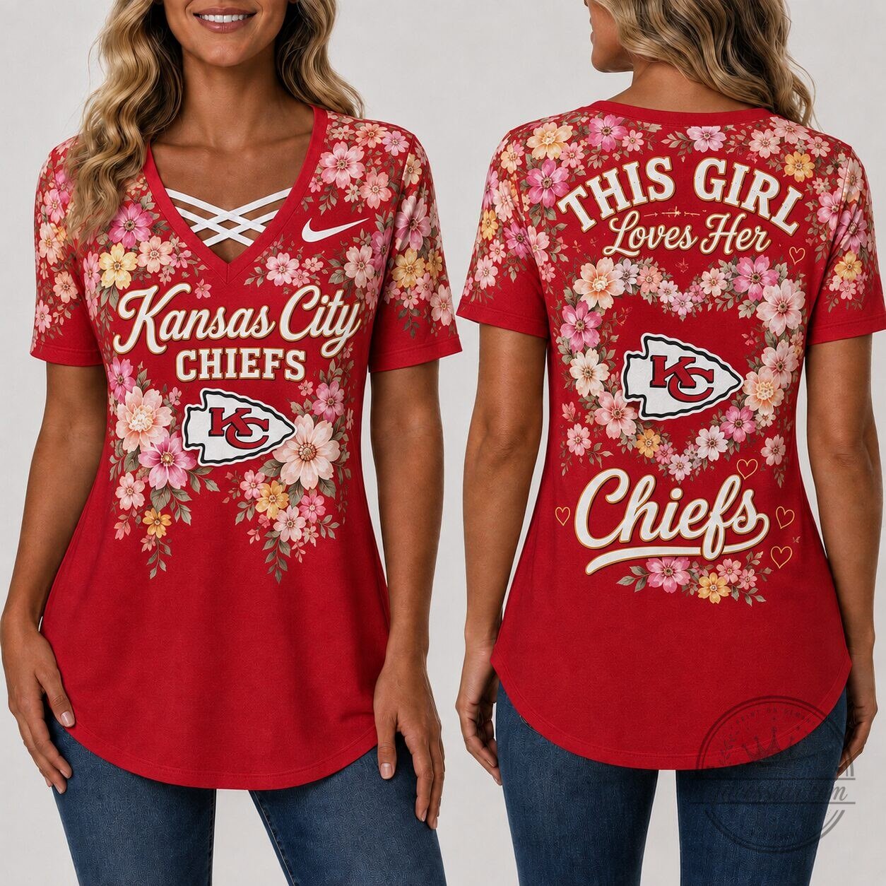 Kansas City Chiefs Floral Criss Cross V-Neck Short Sleeve T-Shirt for Women