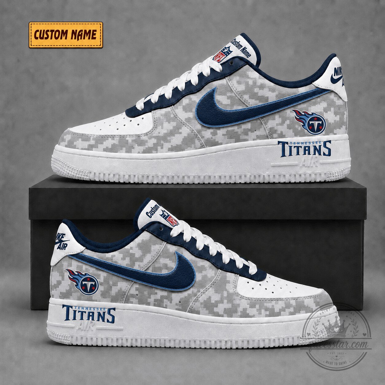 Custom Name Digital Camouflage Sneakers for Tennessee Titans NFL Fans