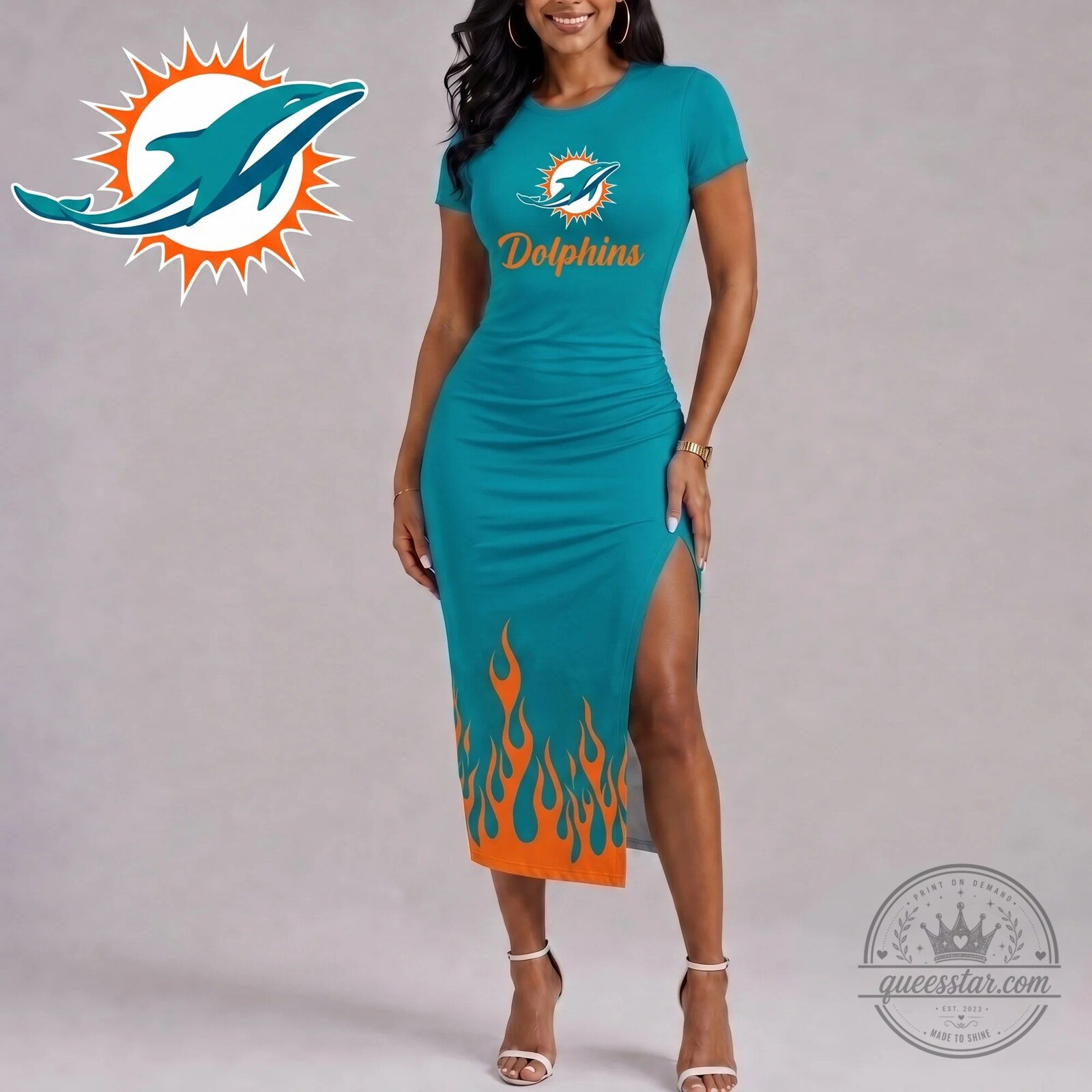 Miami Dolphins Flame Graphic Bodycon Dress with Side Slit