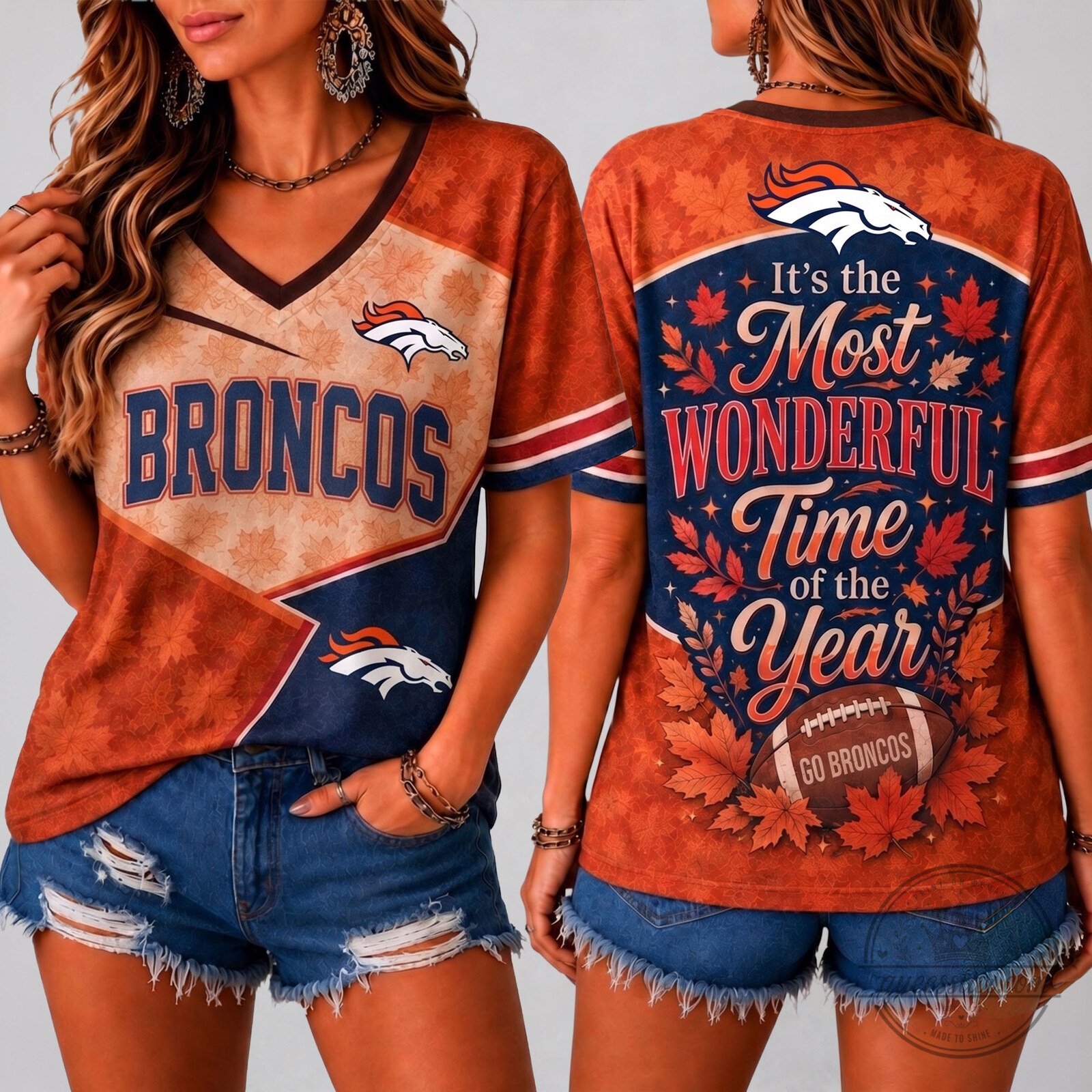 Denver Broncos Football Autumn Most Wonderful Time Of The Year V-Neck T-Shirt