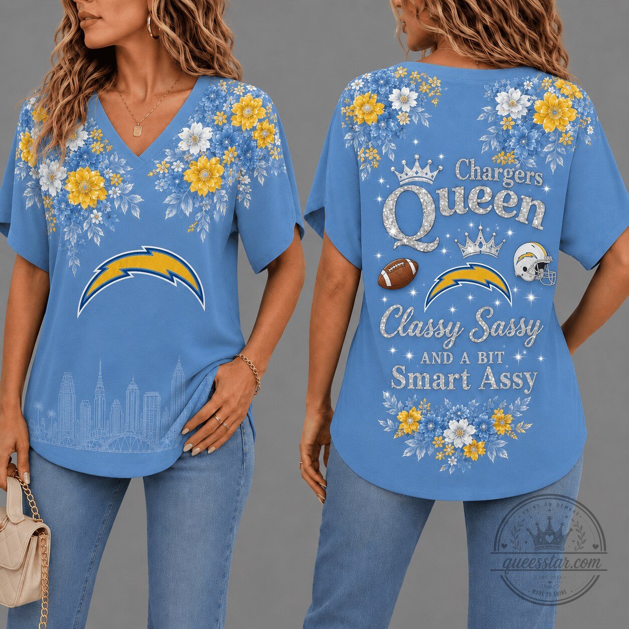Los Angeles Chargers Queen Classy Sassy Floral V-Neck T-Shirt
