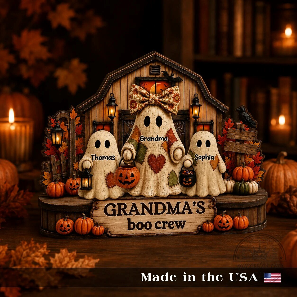 Personalized Halloween Grandma's Boo Crew Wooden Block Sign with Ghosts and Pumpkins