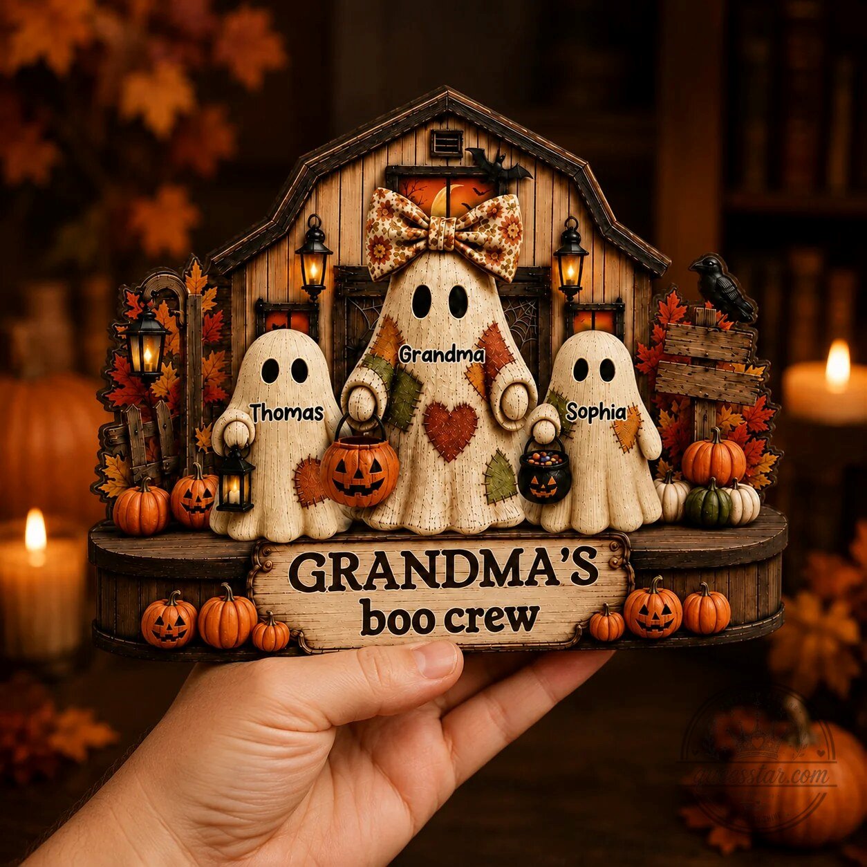 Personalized Halloween Grandma's Boo Crew Wooden Block Sign with Ghosts and Pumpkins 5 Personalized Halloween Grandma