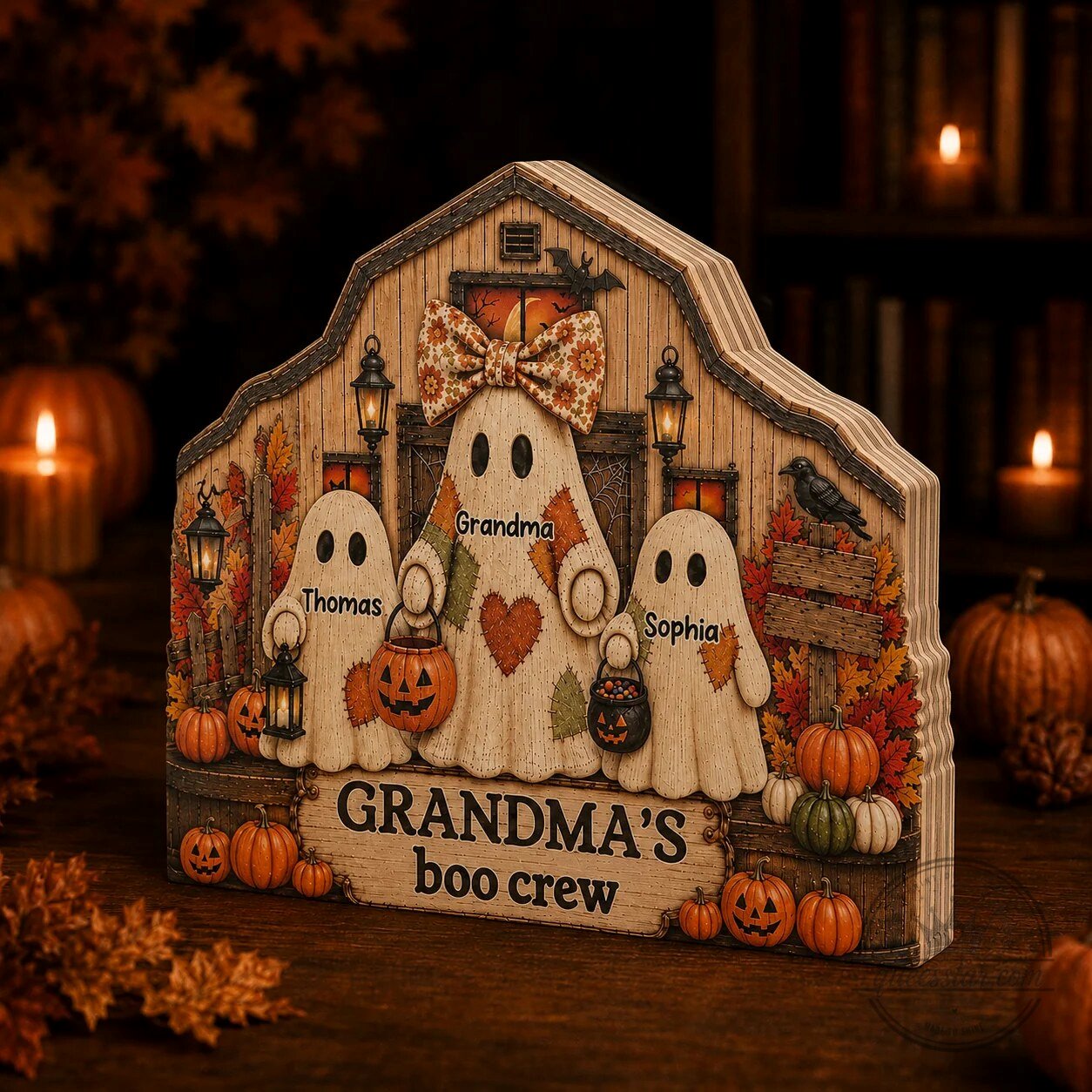 Personalized Halloween Grandma's Boo Crew Wooden Block Sign with Ghosts and Pumpkins 6 Personalized Halloween Grandma