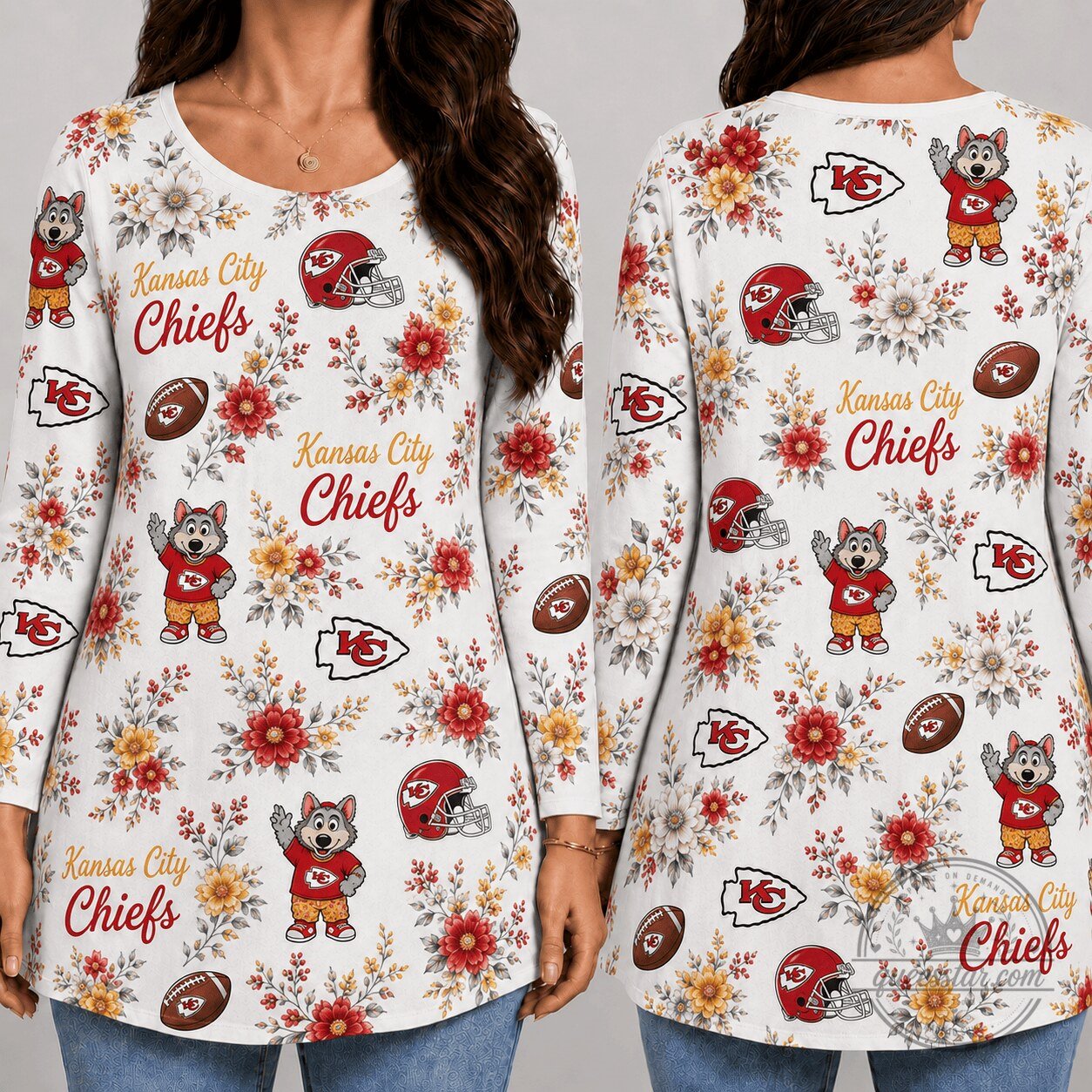 Kansas City Chiefs Floral Game Day Long Sleeve Tunic Top for Women