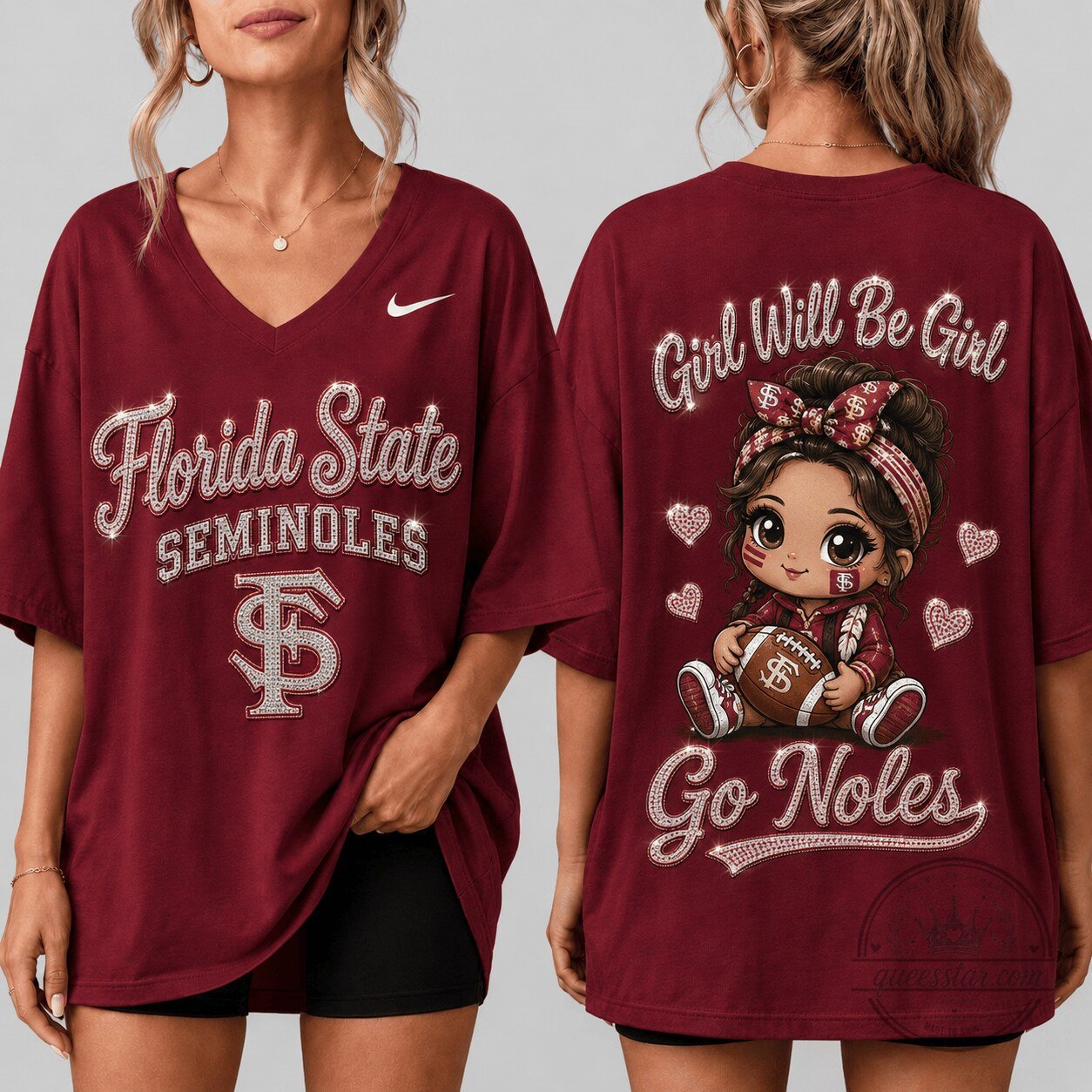 Florida State Seminoles Girl Power Football Fan V-Neck Oversized T-Shirt