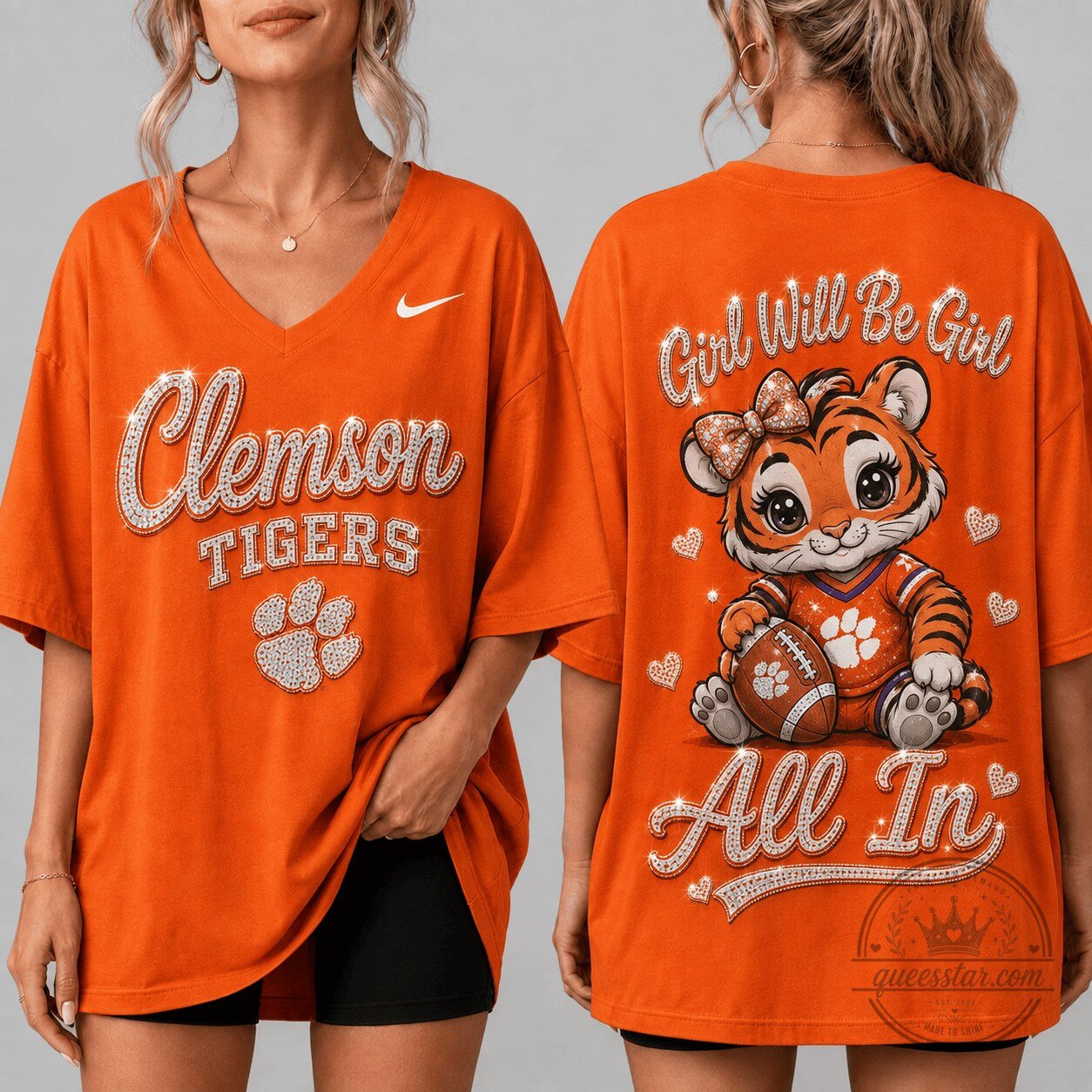 Clemson Tigers Girl Will Be Girl All In Football Fan V-Neck T-Shirt