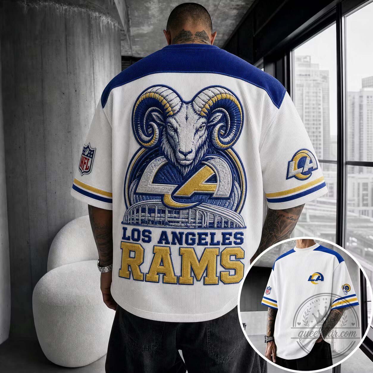 Los Angeles Rams National Football League White and Blue Oversized T-Shirt