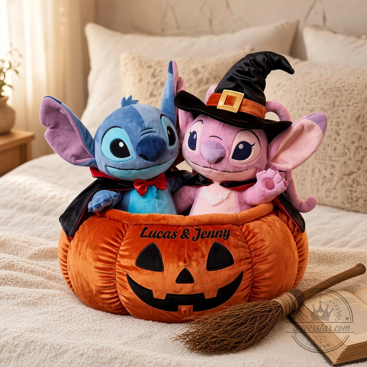 Disney Stitch and Angel Halloween Pumpkin Personalized Throw Pillow