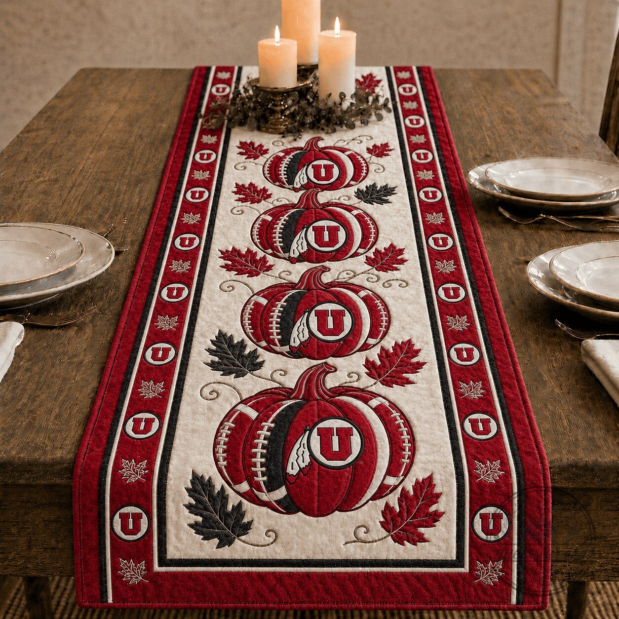 Utah Utes Football Pumpkins Autumn Leaves Table Runner