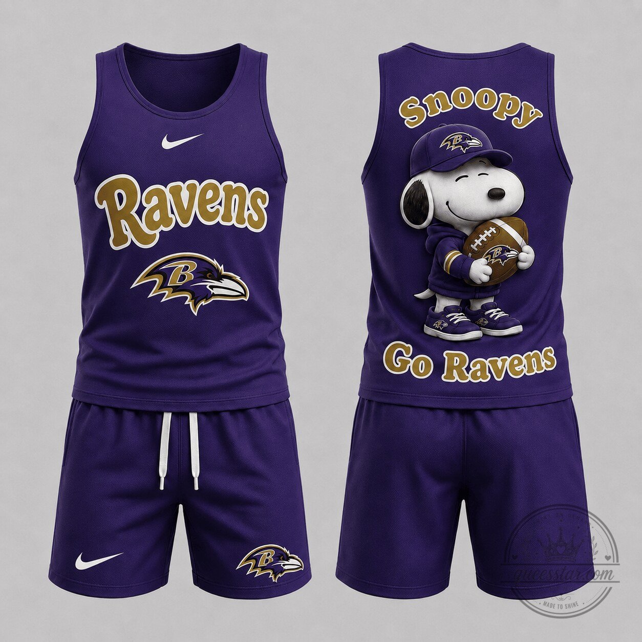 Baltimore Ravens Snoopy Go Ravens Football Game Day Tank Top and Shorts Set