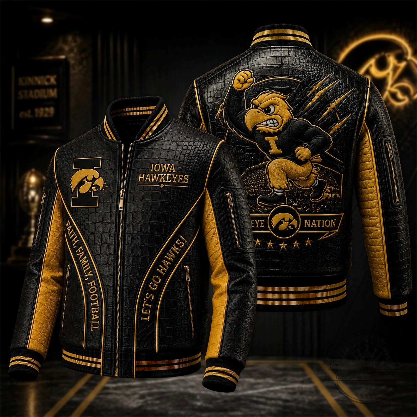 Black and Gold Faux Leather Bomber Jacket for Iowa Hawkeyes Football Team