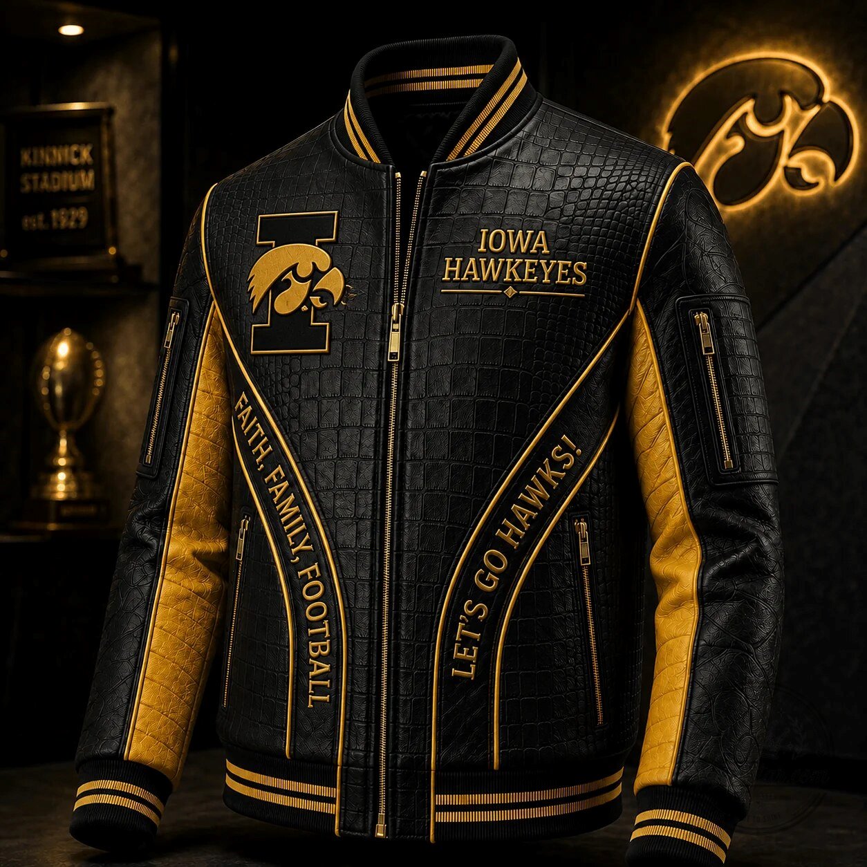 Black and Gold Faux Leather Bomber Jacket for Iowa Hawkeyes Football Team 5 Black and Gold Faux Leather Bomber Jacket for Iowa Hawkeyes Football Team