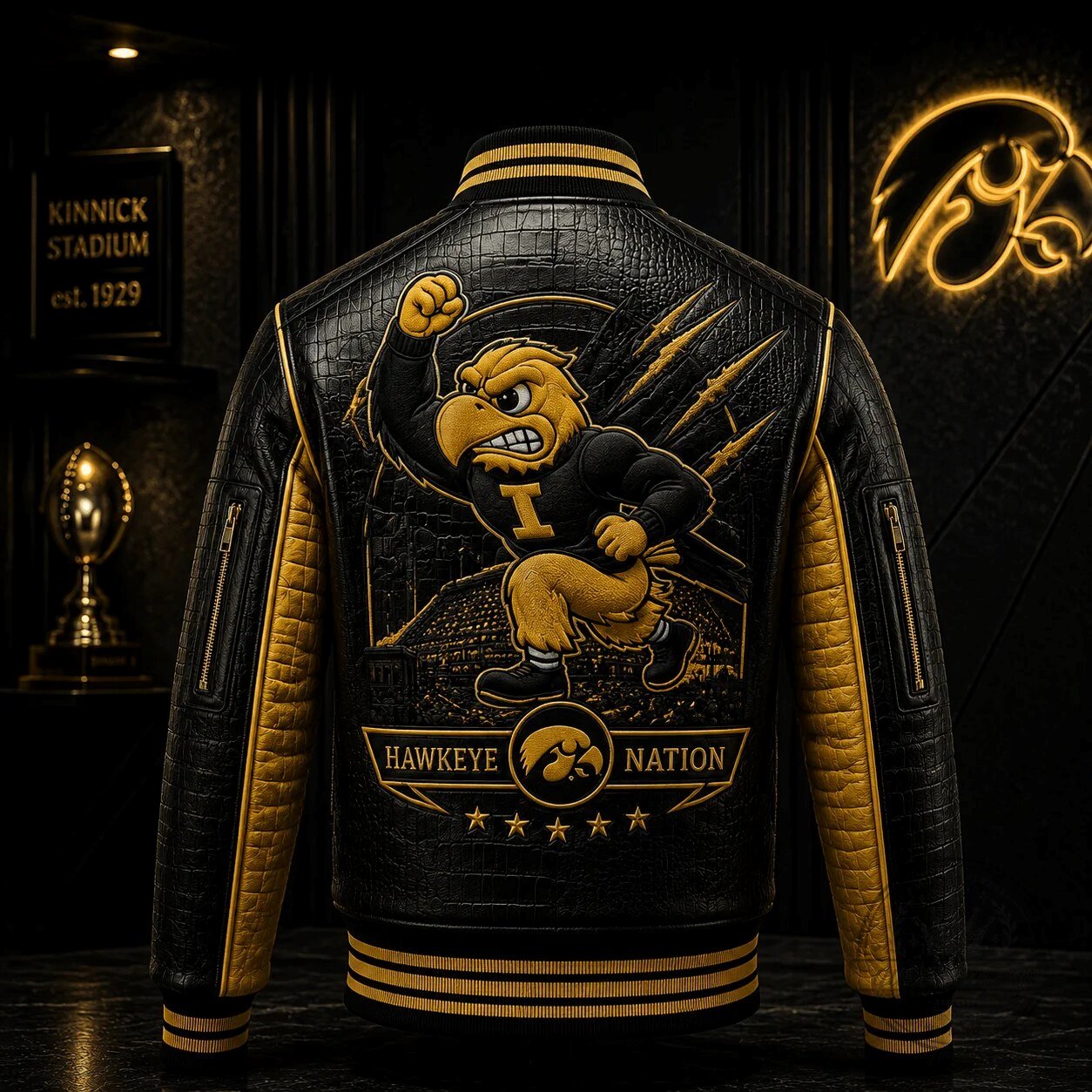 Black and Gold Faux Leather Bomber Jacket for Iowa Hawkeyes Football Team 6 Black and Gold Faux Leather Bomber Jacket for Iowa Hawkeyes Football Team