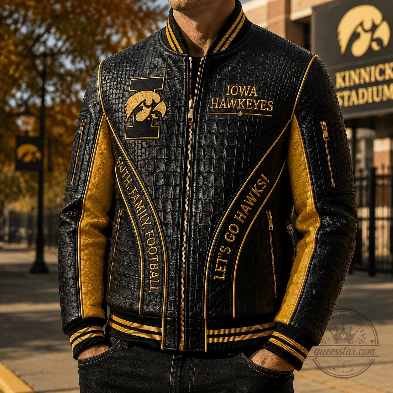 Black and Gold Faux Leather Bomber Jacket for Iowa Hawkeyes Football Team 7 Black and Gold Faux Leather Bomber Jacket for Iowa Hawkeyes Football Team