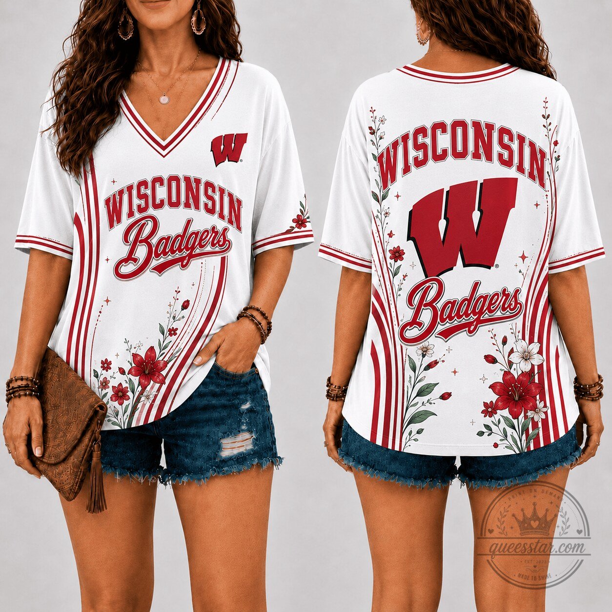 Wisconsin Badgers Floral Line V-Neck Short Sleeve T-Shirt