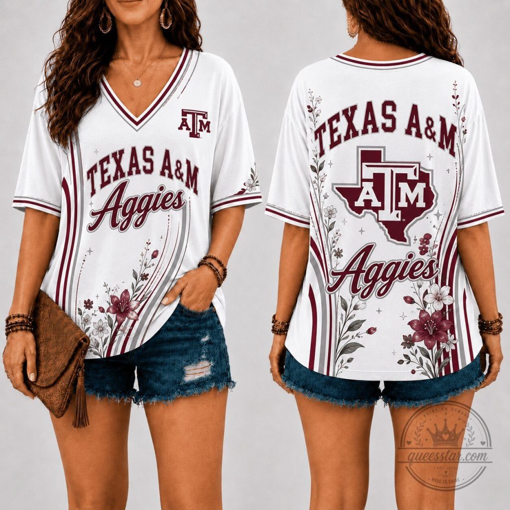 Texas A&M Aggies Floral Line V-Neck Short Sleeve T-Shirt Texas A&M Aggies Floral Line V-Neck Short Sleeve T-Shirt