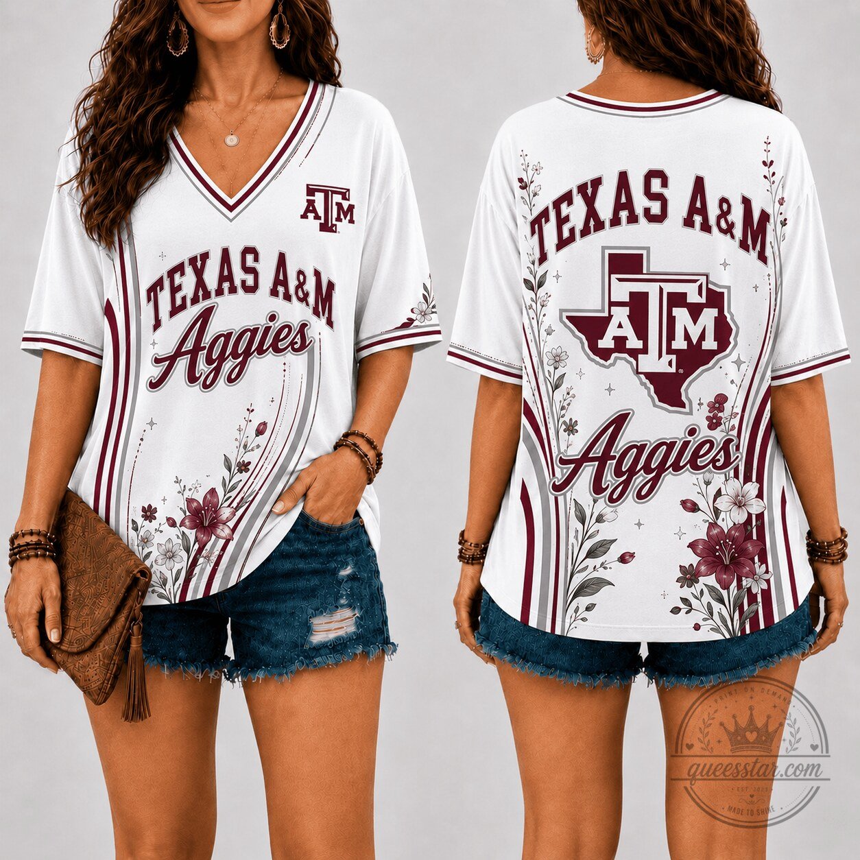 Texas A&M Aggies Floral Line V-Neck Short Sleeve T-Shirt