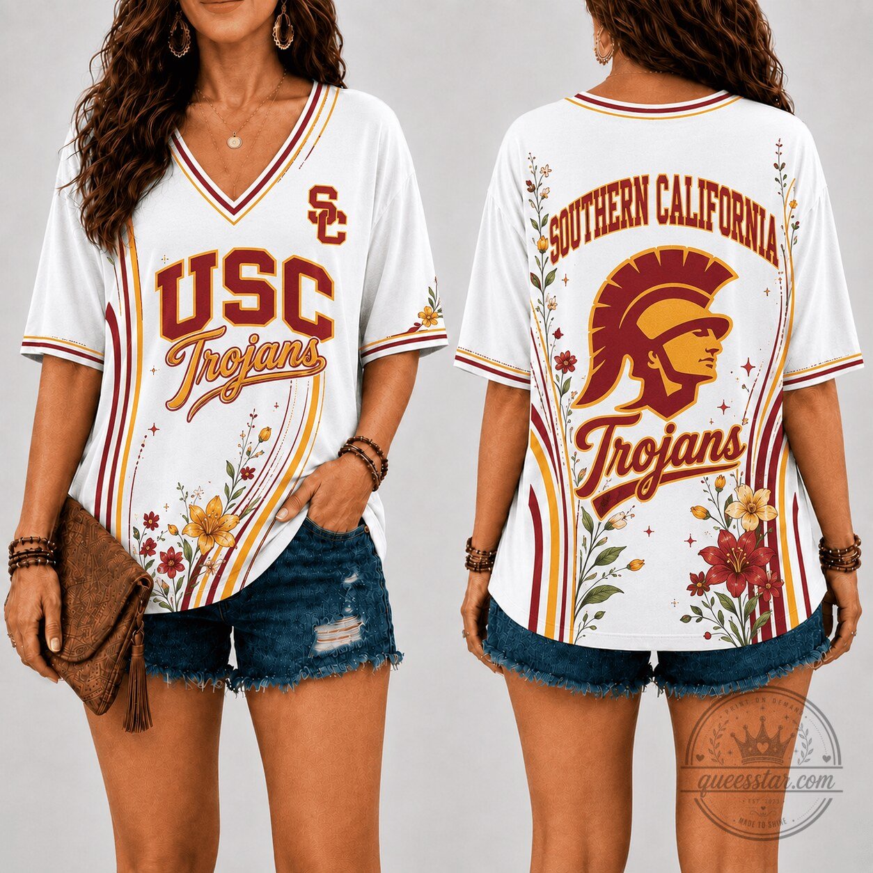 University of Southern California Trojans Floral V-Neck T-Shirt