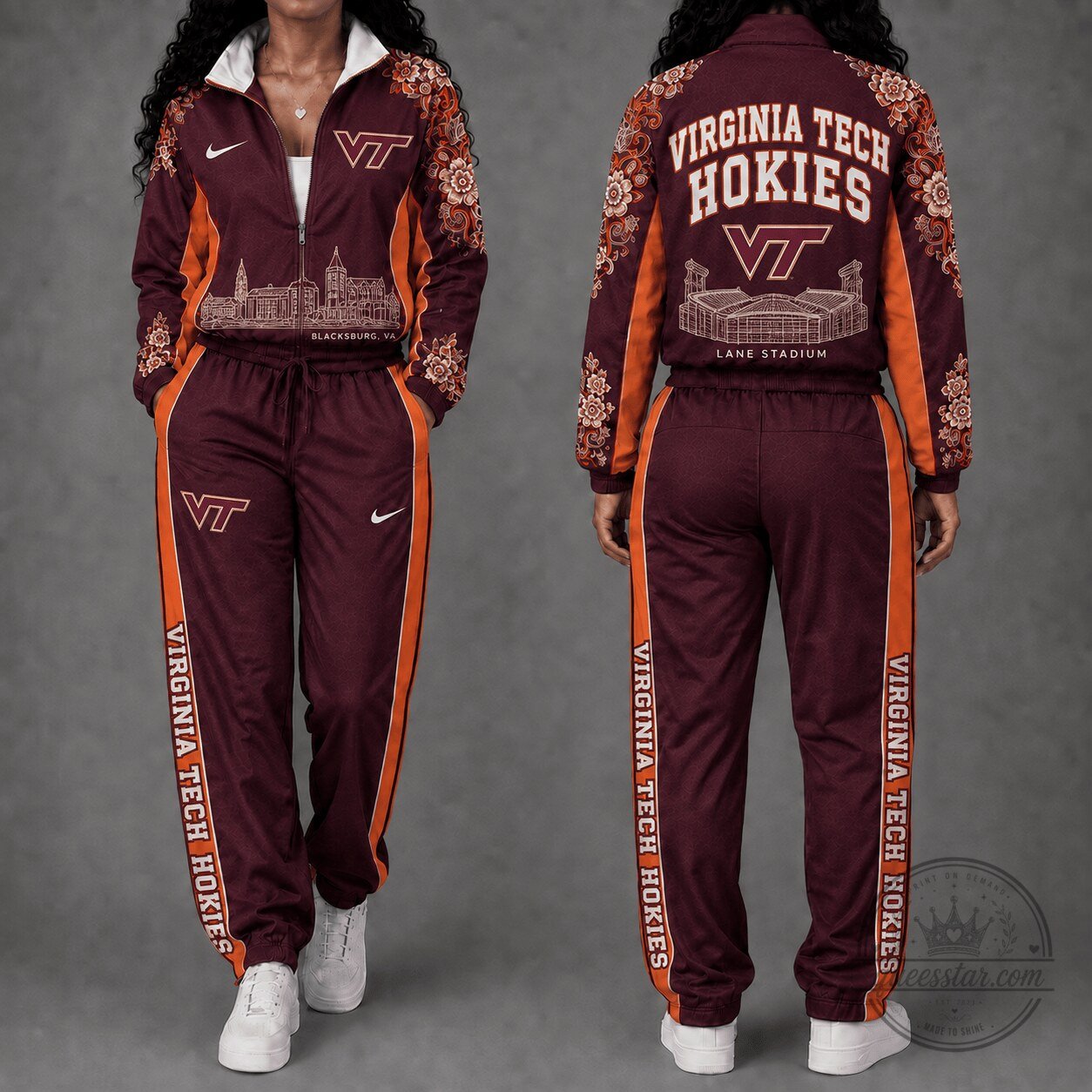 Virginia Tech Hokies Floral Stadium Women's Full Zip Tracksuit Jacket and Pants Set