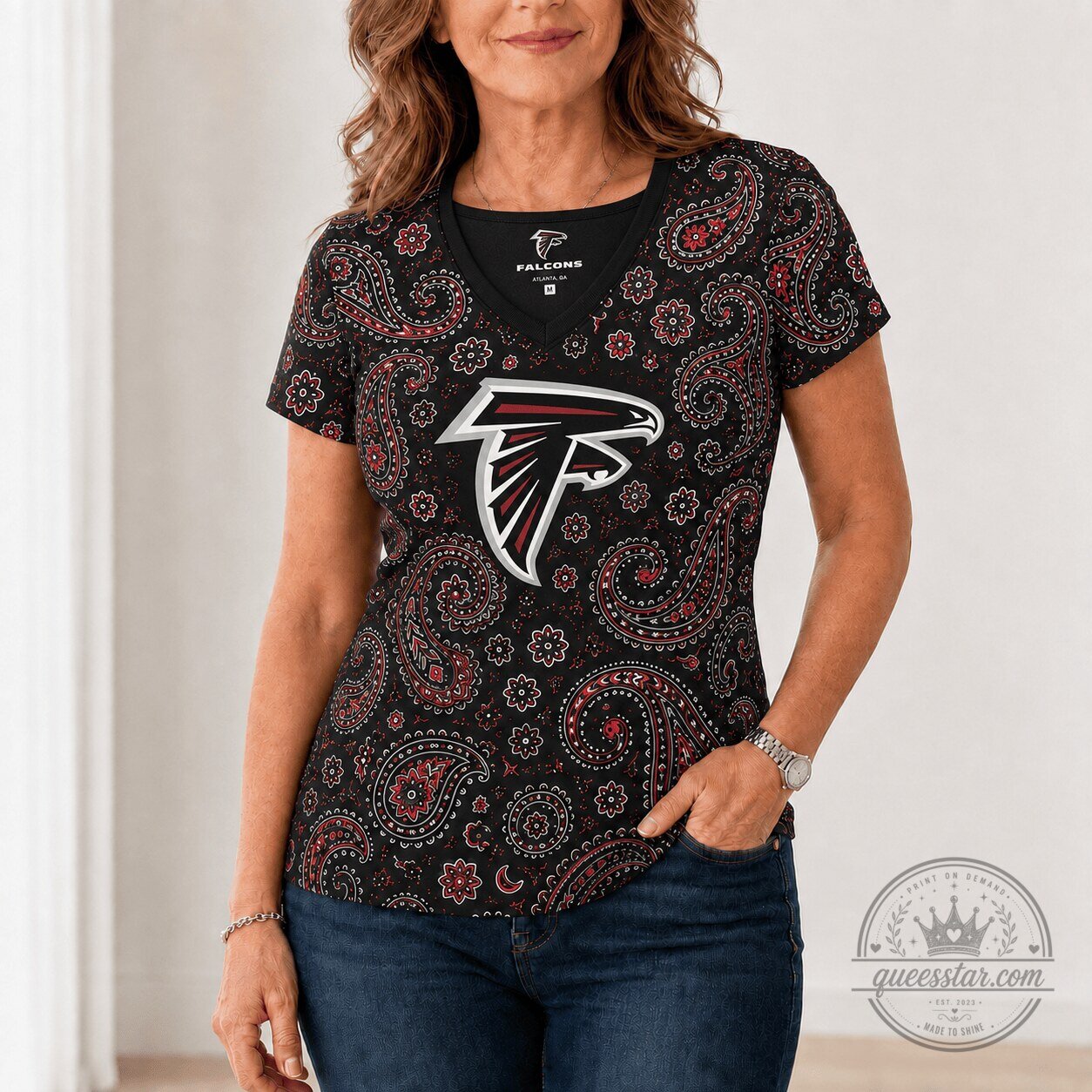 Atlanta Falcons Shirt Women's Paisley Print V-Neck T-Shirt