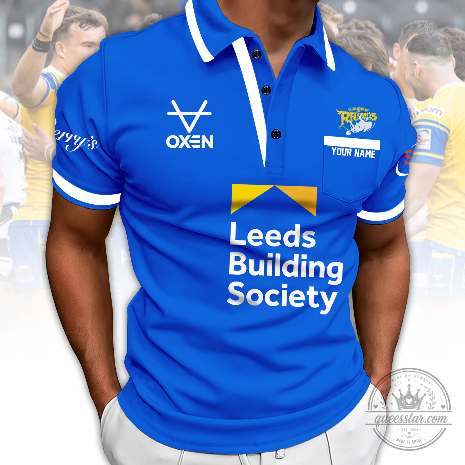Leeds Rhinos Rugby Team Blue Polo Shirt with Leeds Building Society Logo