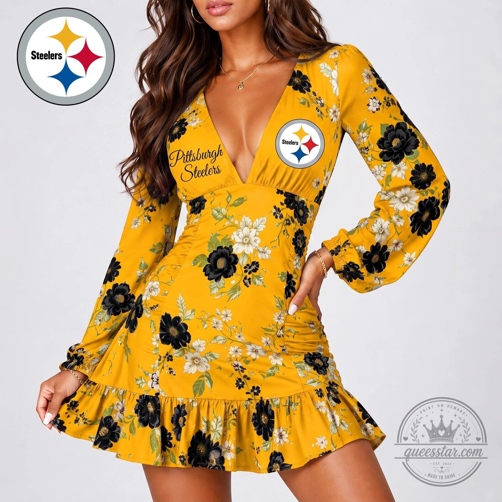 Pittsburgh Steelers Floral Print Deep V-Neck Ruffle Long Sleeve Dress