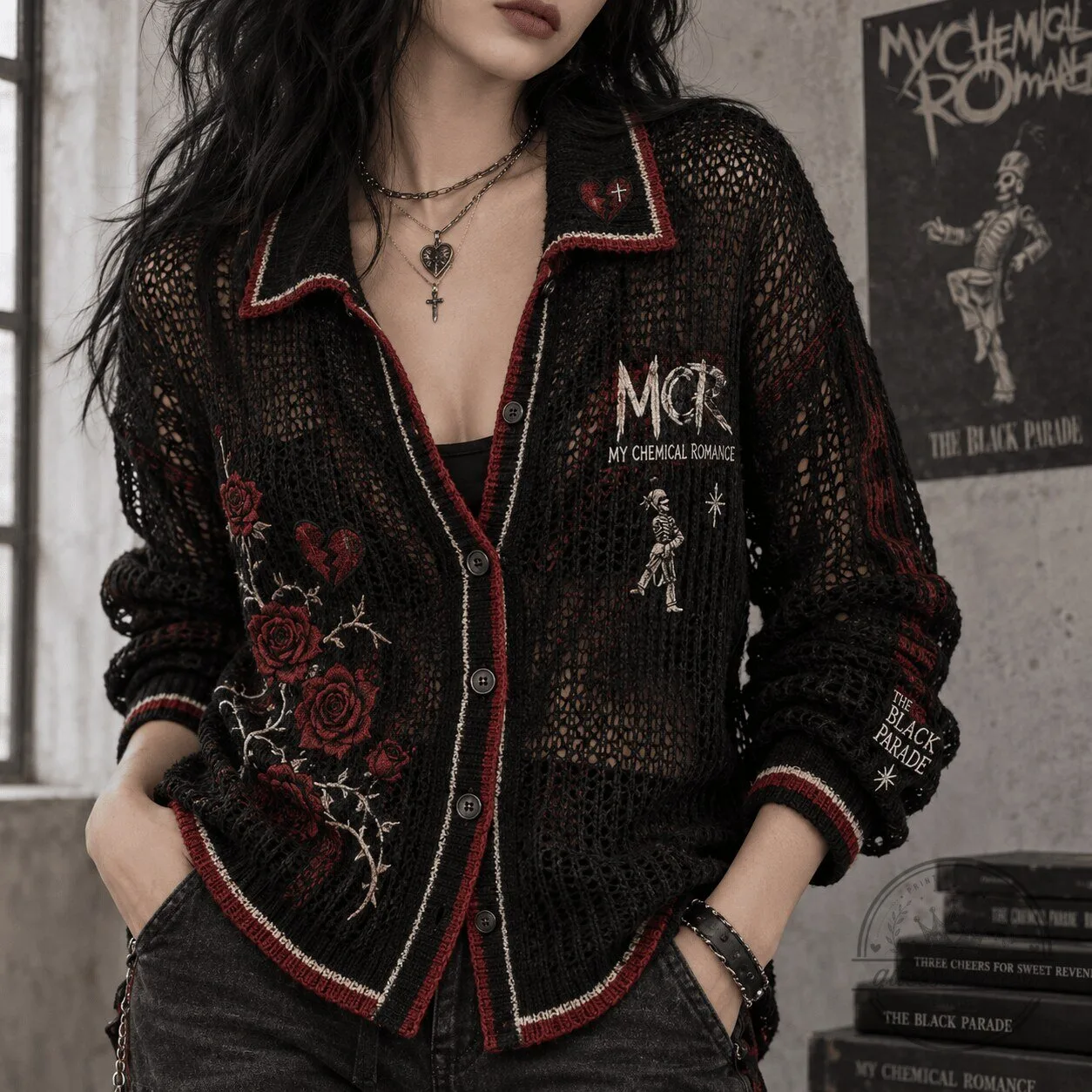My Chemical Romance The Black Parade Embroidered Open Knit Cardigan 1 My Chemical Romance The Black Parade Embroidered Open Knit Cardigan