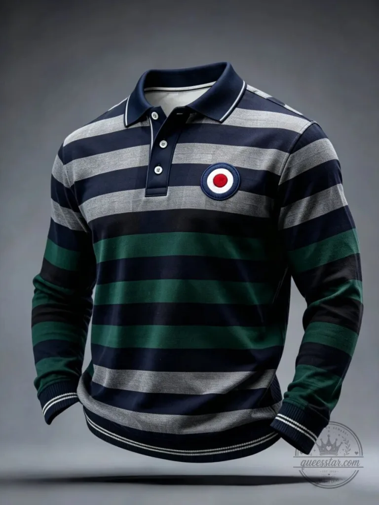 British Culture Striped Long Sleeve Polo Shirt by Mod Target with Roundel Design