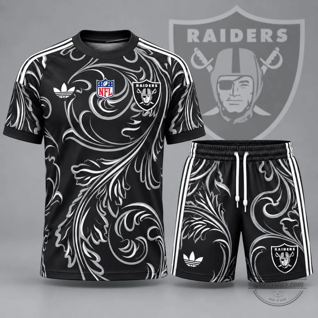 Las Vegas Raiders NFL Heritage Swirl All Over Print Football Jersey and Shorts Set Las Vegas Raiders NFL Heritage Swirl All Over Print Football Jersey and Shorts Set