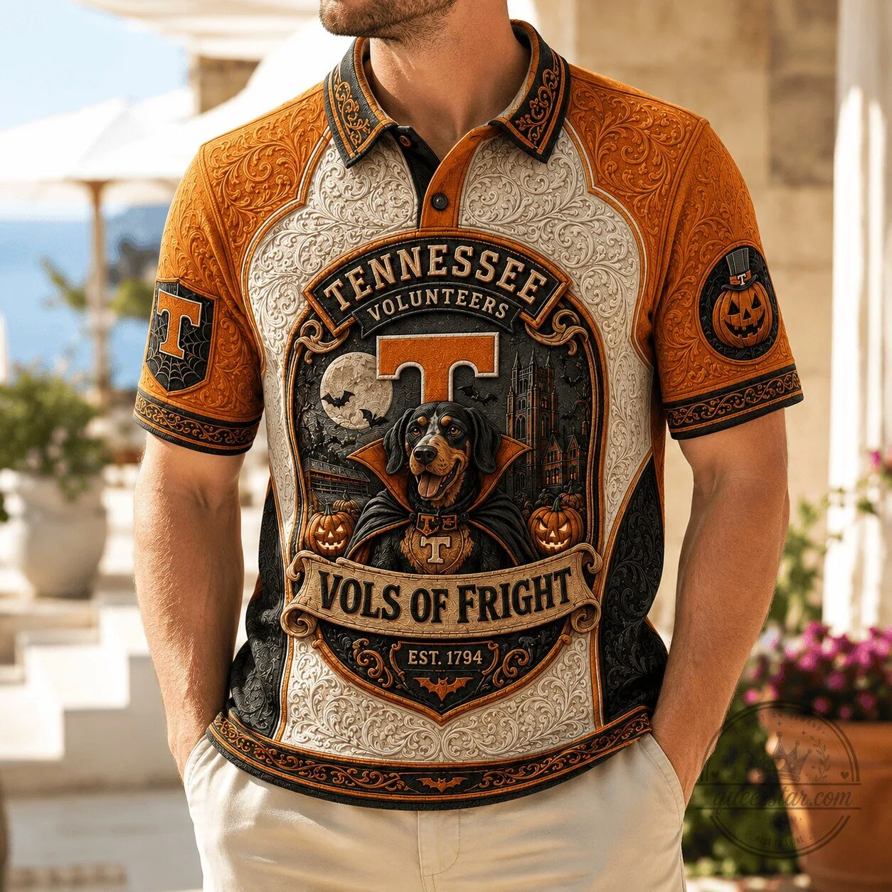 Tennessee Volunteers Vols of Fright Halloween Dog Polo Shirt 1 Tennessee Volunteers Vols of Fright Halloween Dog Polo Shirt