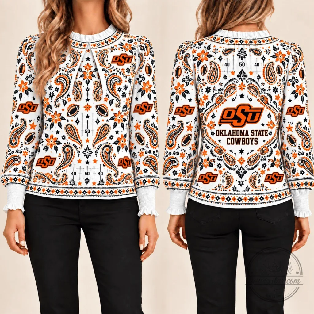 Oklahoma State Cowboys Paisley Pattern Long Sleeve Shirt for Women Oklahoma State Cowboys Paisley Pattern Long Sleeve Shirt for Women