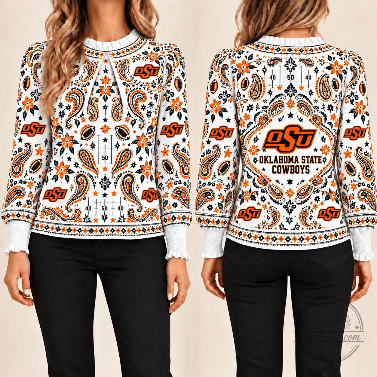 Oklahoma State Cowboys Paisley Pattern Long Sleeve Shirt for Women 1 Oklahoma State Cowboys Paisley Pattern Long Sleeve Shirt for Women