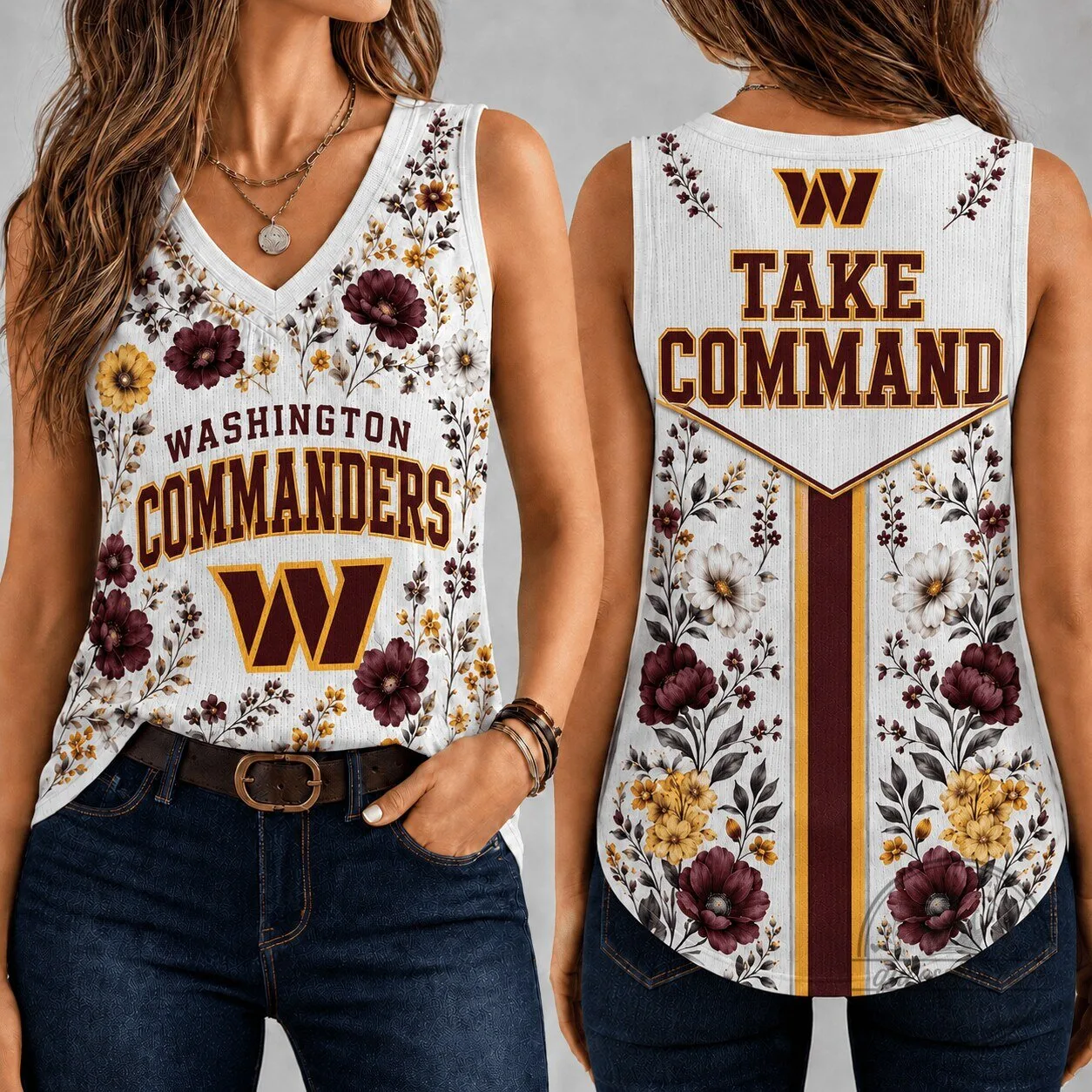 Washington Commanders Football Team Floral Pattern Women's V-Neck Tank Top