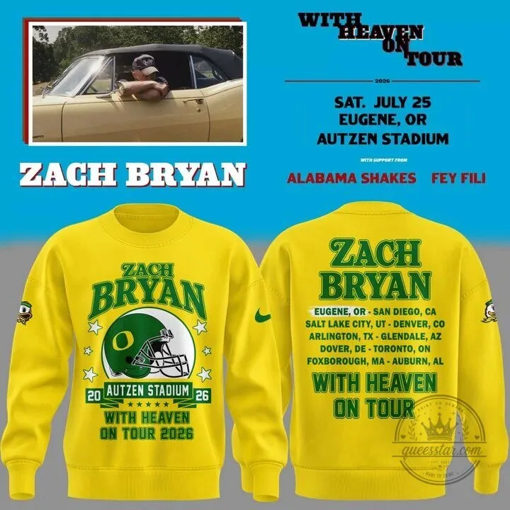 Zach Bryan With Heaven On Tour 2026 Oregon Football Yellow Sweatshirt