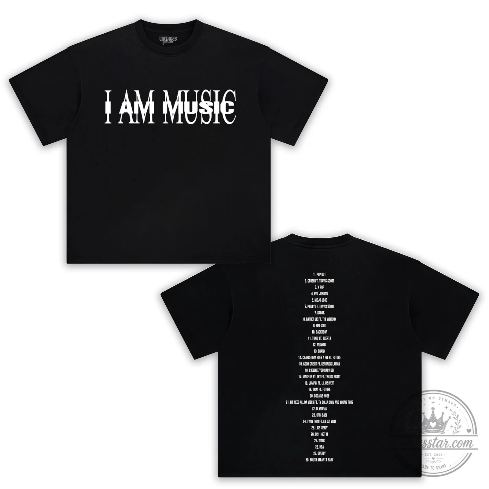 Black T-Shirt with Tracklist from the I Am Music Album by Playboi Carti