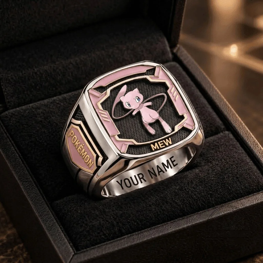 Mew Pokemon Custom Engraved Silver Ring for Men and Women