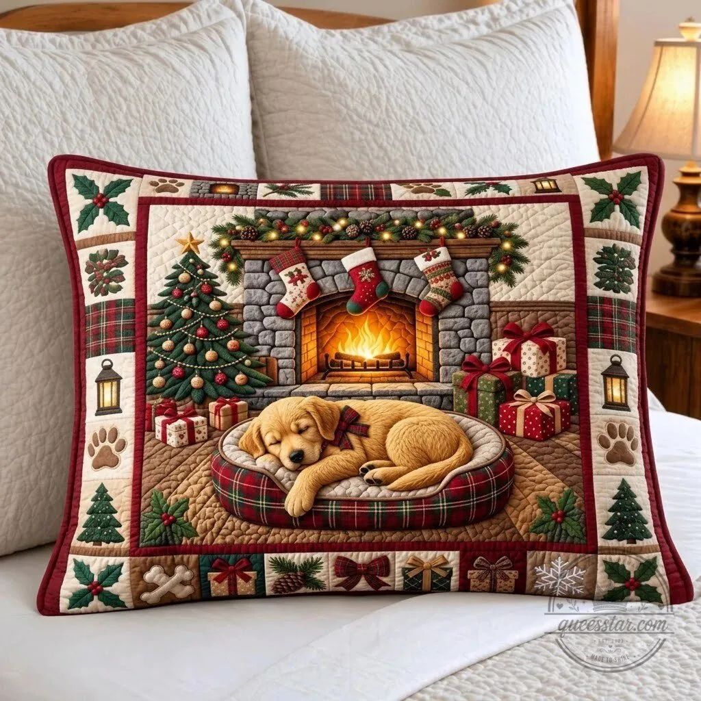Christmas Golden Retriever Puppy Sleeping by Fireplace Holiday Quilted Pillow