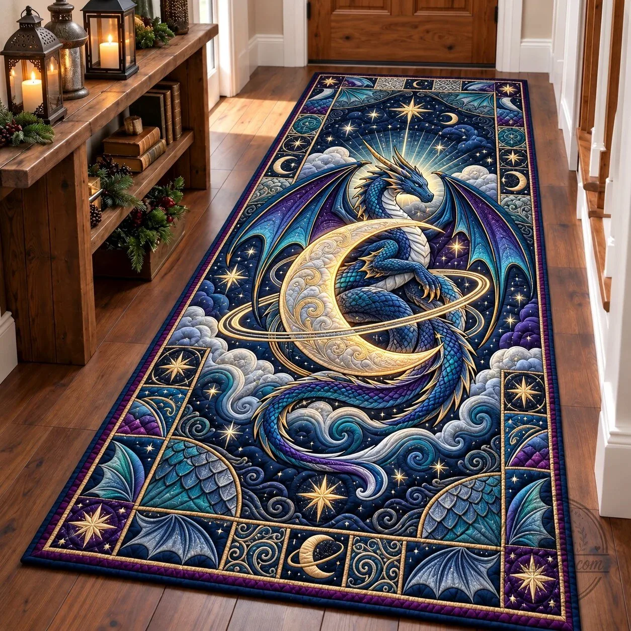 Celestial Dragon and Moon Runner Rug, Fantasy Dragon Hallway Floor Mat