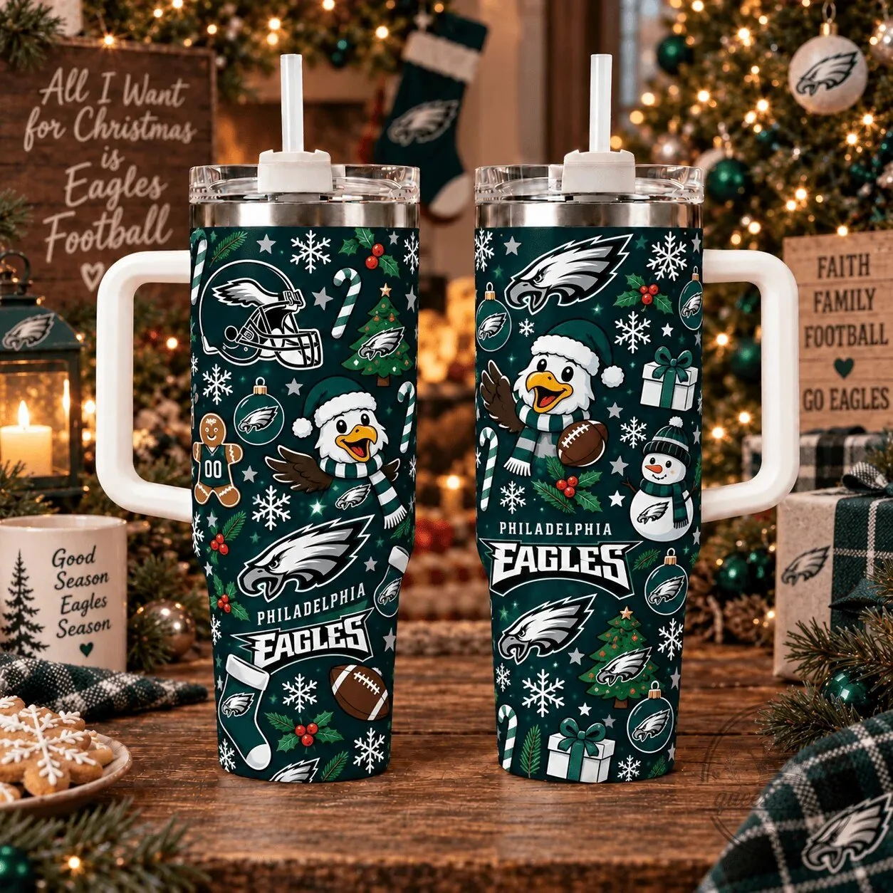 Philadelphia Eagles Christmas Football Fan Tumbler with Handle and Straw
