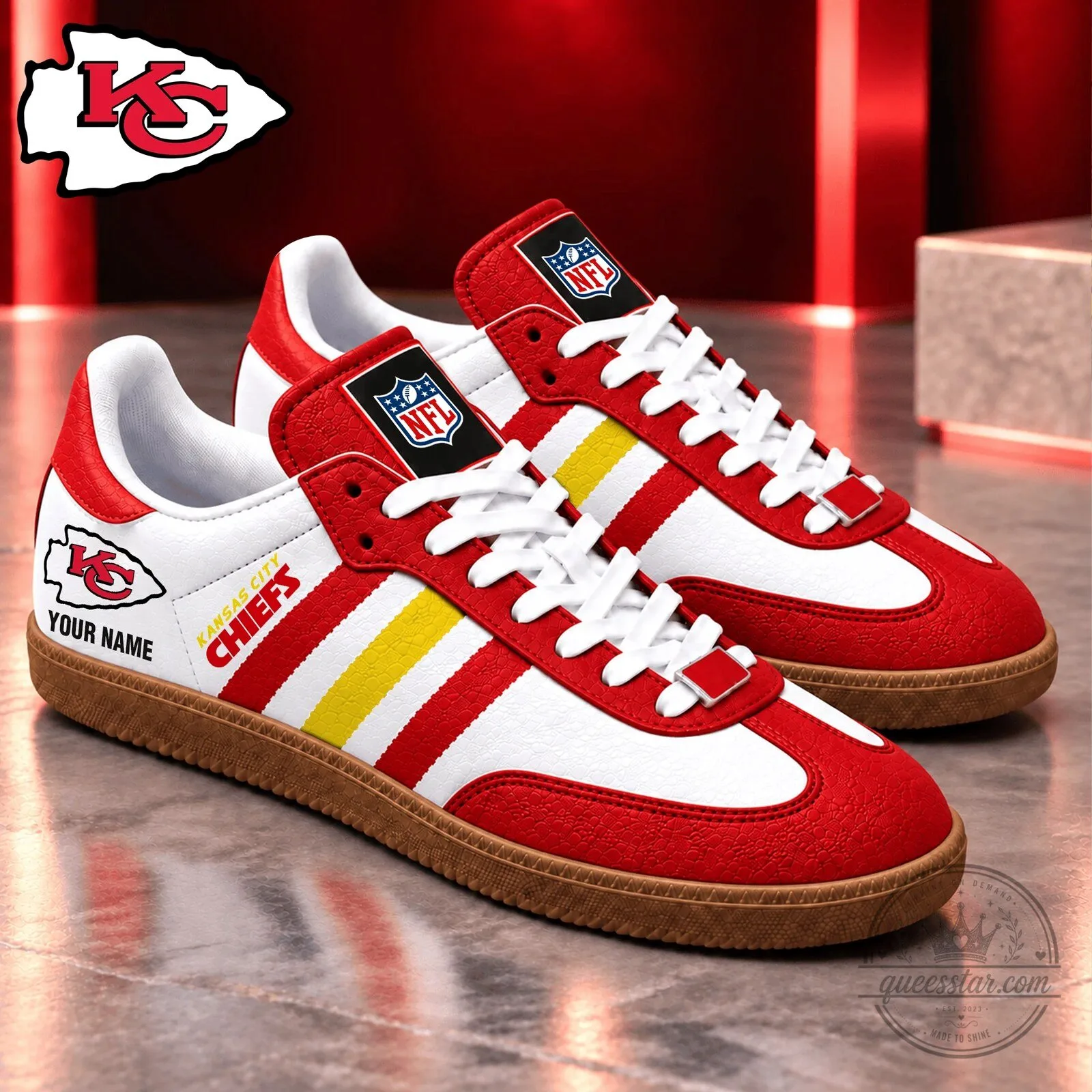 Kansas City Chiefs Custom Name NFL Football Team Red White Yellow Shoes
