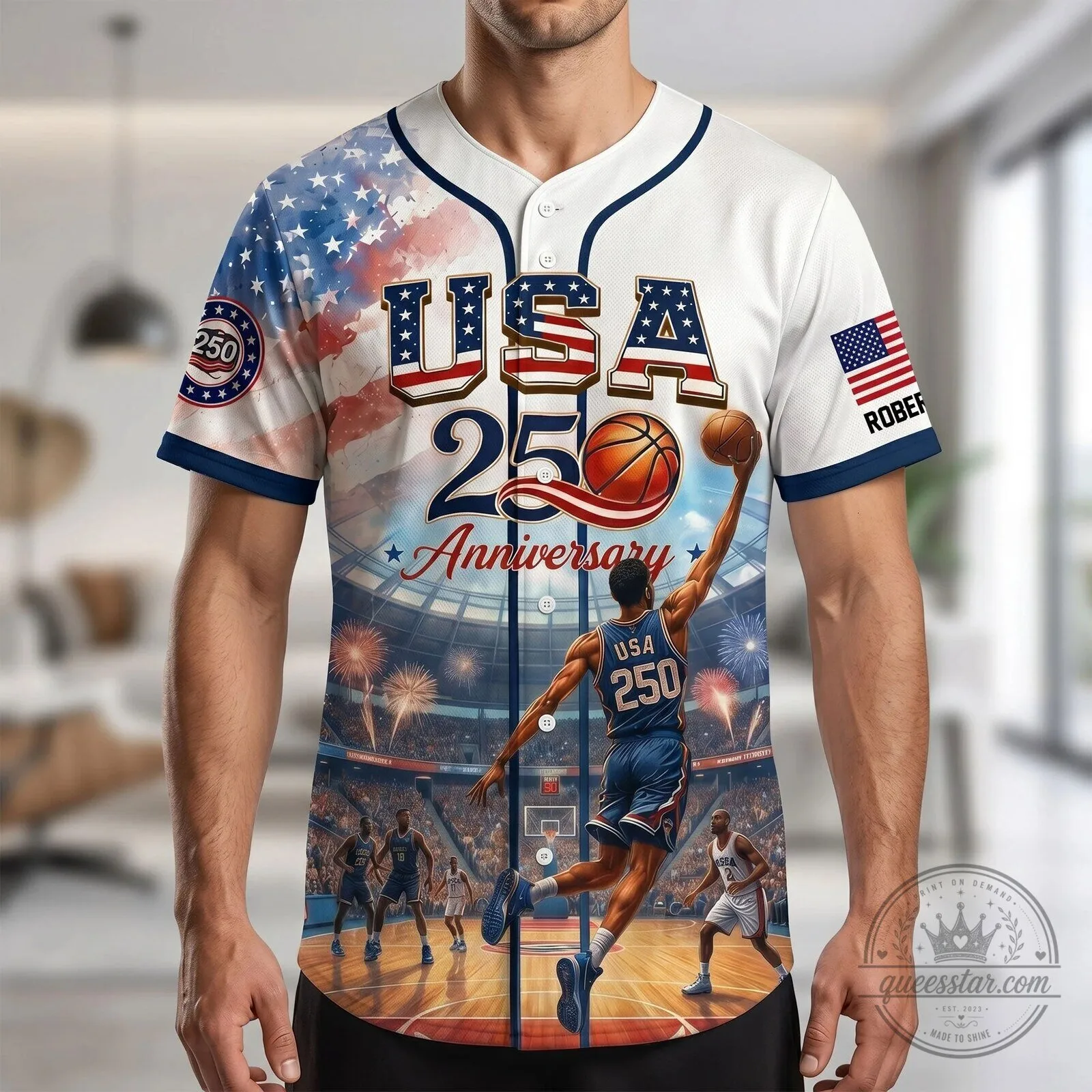 USA 250th Anniversary Basketball Player American Flag Baseball Jersey