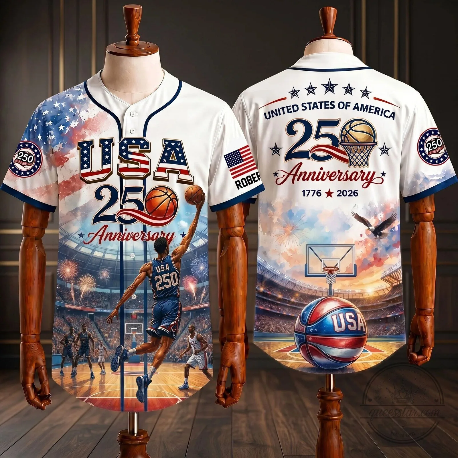 USA 250th Anniversary Basketball Player American Flag Baseball Jersey 5 USA 250th Anniversary Basketball Player American Flag Baseball Jersey
